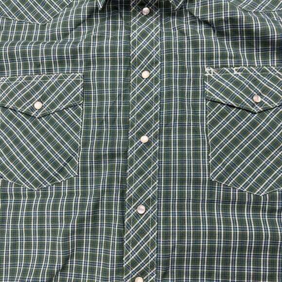 Wrangler Mens 2XT Tall Green Plaid Pearl Snap Short Sleeve Button Up Shirt - Picture 3 of 5